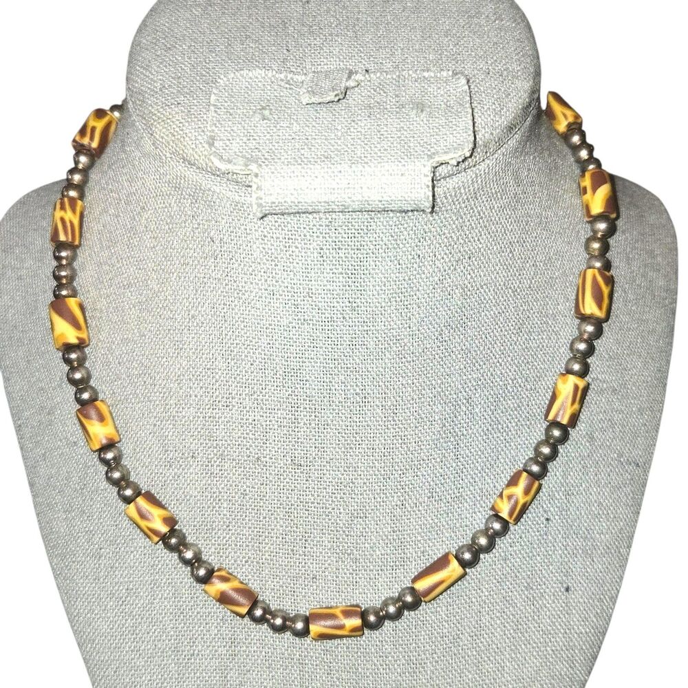 Giraffe Print Cylindrical Bead & 925 Sterling‎ Silver Bead Station Necklace 16"